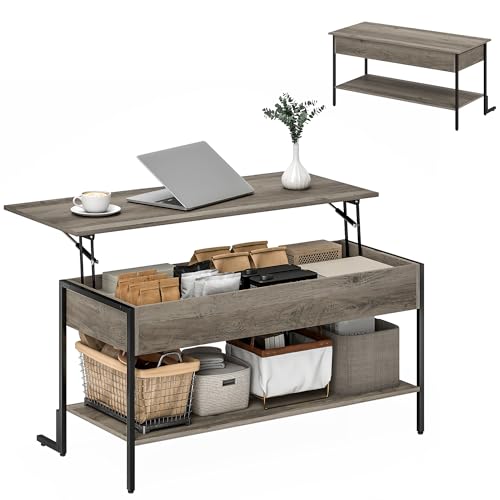 HOMCOM Table Basse avec Plateau relevable, Compartiment dissimulé et étagère Ouverte, Pieds Stables en L renforcés, Table de Salon Industrielle pour Salon ou Bureau, 95x40x59cm, Gris
