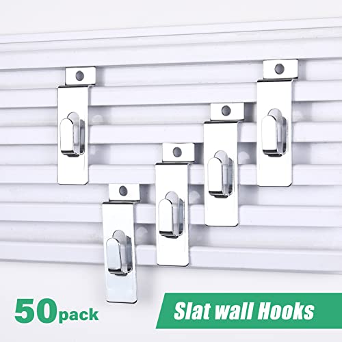 Hotop 50 Packs Slatwall Utility Notch Hook Commercial Slatwall Picture Hanger Slatwall Pegs For Slatwall Accessories Panel Pegboard Slat Grid Shelf Hanging Display,Silver #TOP3