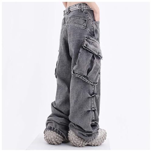 MLAFE Women's Baggy Cargo Pants Y2k Multi-Pocket Relaxed Fit Jeans Grunge Denim Washed Aged Hip Hop Jeans for men and women3