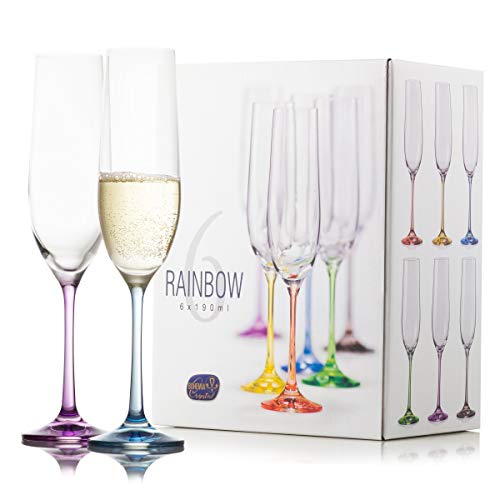 Decorated Rainbow Crystal Glass Colorful Champagne Flutes Glasses Set Of 6, Perfect For Champagne, Prosecco And Mimosas, 100% Crystal Lead-Free - 6.4 Oz (190 Ml) #TOP3
