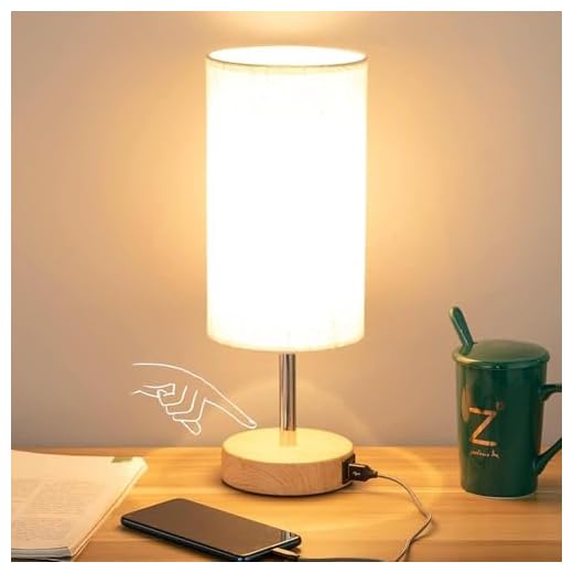 Bedside Lamp with USB port - Touch Control Table Lamp for Bedroom Wood 3 Way Dimmable Nightstand Lamp with Round Flaxen Fabric Shade for Living Room, Kids Room, College Dorm, Office(LED Bulb Included)