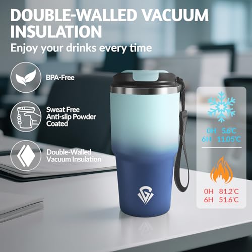 HoneyHolly Thermobecher 600 ml, Wiederverwendbar, Edelstahl Kaffeebecher-to-go Thermo, Auslaufsicher, Doppelwandiger Trinkbecher, Isolierbecher, Travel Mug für Heißen Kaffee, Tee und Kalte Getränke 3