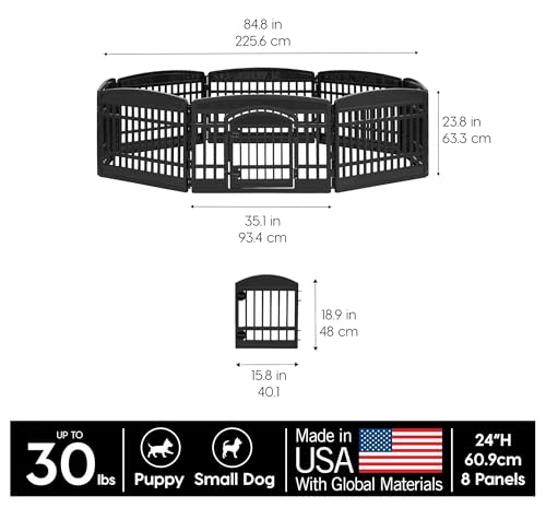 Image of IRIS USA 24 inch Dog Playpen 8-Panel Pet Exercise Pen with Door Gate 83.5x83.5x24 Puppy Play Pen Indoor Outdoor Plastic Foldable Portable Pet Fence for Small Medium Dogs Puppies Multiple Pets Black
