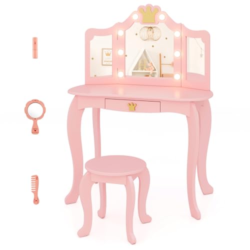 GLACER Girls Vanity Set with Mirror and Stool and Lights, 2 in 1 Wooden Princess Makeup Vanity Desk with 3 Lighting Modes & Storage Drawer, Kids Vanity Table and Chair Set (Pink)
