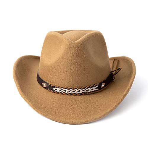 Gossifan WTT701-002 Western Cowboy & Cowgirl Hat Felt Wide Brim Women Men Fedora Hats-Camel thumb #1