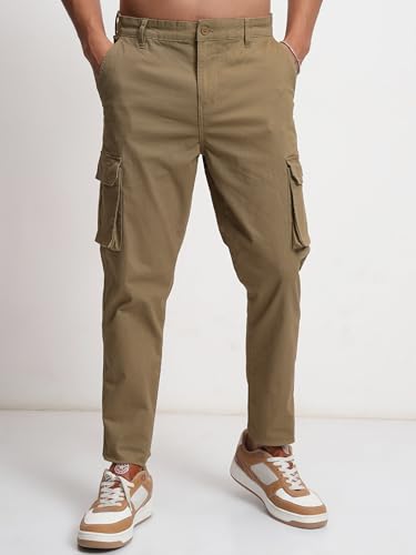 Image of Highlander Men's High-Rise Straight-Fit Cargo Trousers | Utility Pockets | Fashion & Function Blend | Carpenter Fit | Men Trousers | Trousers for Man |Cargo Pants for Men