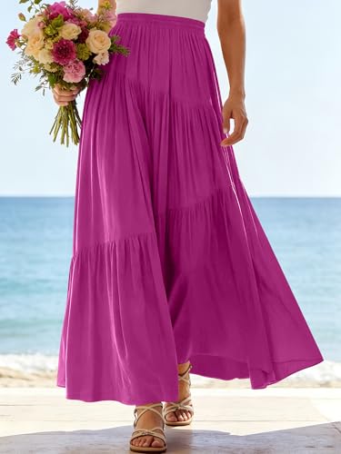 Image of ANRABESS Women's Boho Elastic High Waist Pleated A-Line Flowy Swing Asymmetric Tiered Maxi Long Skirt Dress with Pockets