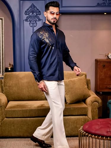 Image of Foomer Navy Blue Sequin Club Wear Shirt for Men - Elegant Shine with Satin Cotton Fabric - Party Shirt Ideal for Trendy Occasions