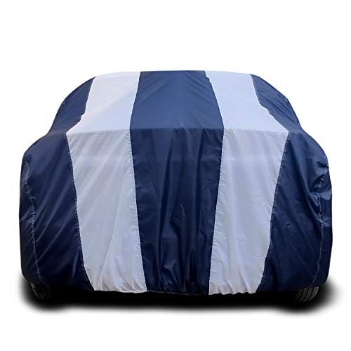 Image of PURPLEHEART Car Body Cover Compatible with F-Pace with Mirror Pocket Triple Stitched Bottom Elastic Water Resistant UV Protection & Dustproof Car Cover-Blue & White