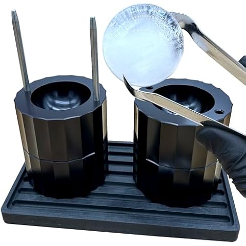 DFM Tool Works Ice Ball Press Kit - Aluminum Ice Ball Press for Whiskey, Scotch, Bourbon & Cocktails, Elegant Ice Spheres for Enhanced Drink Flavor - Tongs, Drip Tray & Box Included, 2.4" Black Cover