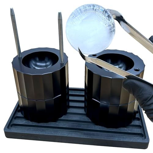 DFM Tool Works Ice Ball Press Kit - Aluminum Ice Ball Press for Whiskey, Scotch, Bourbon & Cocktails, Elegant Ice Spheres for Enhanced Drink Flavor - Tongs, Drip Tray & Box Included, 2.4