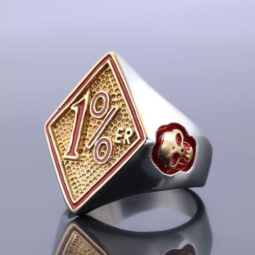 Men's Stainless Steel 1% er One Percent Golden Skull Outlaw Motorcycle Biker Ring US Size 7-162