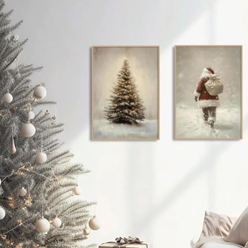 Baibexing Stampa Su Tela Con Albero Di Natale Vintage, Babbo Natale, Poster, Stampe Artistiche Natalizie, Decorazioni Per La Casa, Soggiorno 50X70Cmx2Pcs Senza Telaio