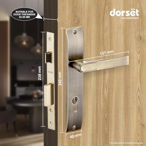 Image of Dorset Zinc Zovi Mortise Lockset - Main Door Lock Handle Set | 10 inch Plate, Key and Knob Cylinder Lock (60mm) | Mortise Lockset Main Door and Bedroom Doors 3 Keys, Antique
