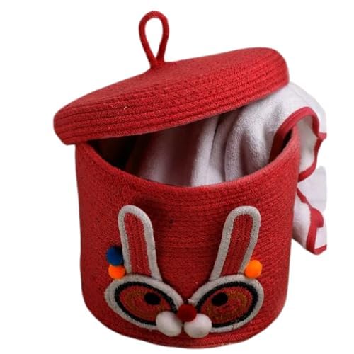 JK Enterprises Woven Cotton Rope Round Jute Basket Bin Storage Organizer With Lid for Home, Kitchen, Baby, Laundry Hamper, Toys, Clothes (Red Rabbit, 10+10)