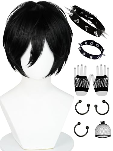 Half and Half Short Black EmoCostume Wig Set Mens Black Anime Cosplay Layered Spiky Wigs Synthetic Hair for Unisex Halloween Party