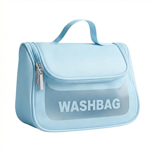 Image of Cosmetic Bag for Women, PU Leather Makeup Pouch, Large Capacity Travel Makeup Organizer with Divider & Handle, Waterproof Portable Vanity Storage Bag for Toiletries (Washing Bag-Blue)