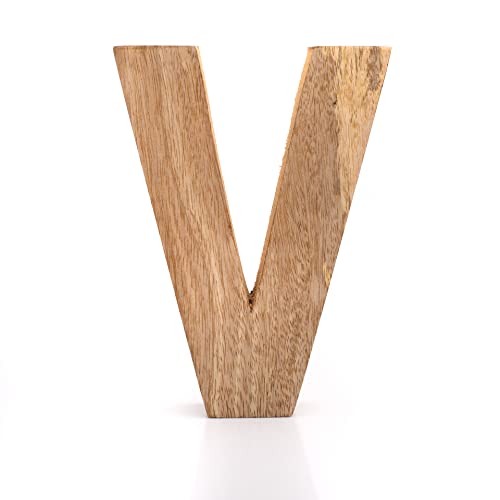 Image of 8" Decorative Solid Block Wooden Letters Alphabets Words Natural Finished Wood Freestanding Shelf or Tableware Childrens Baby Names Initials for Bedroom Wedding Birthday Party Home Decor (Letter V)