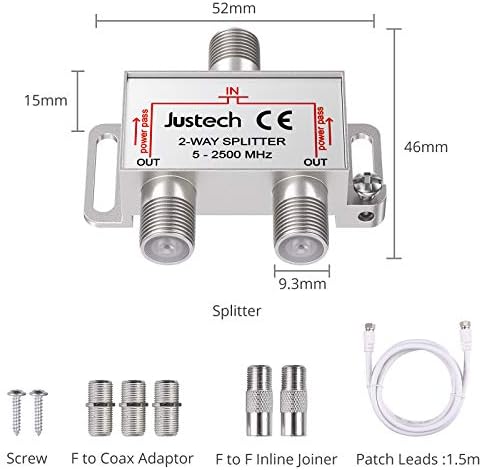 Justech TV Aerial Splitter 2 Way Satellite Splitter F Type Splitter 5-2500MHz with 1.5m Coax Cable F Plugs for Sky Box Telewest Eurovox Starview Dreambox