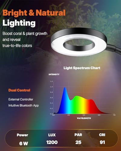 Image of Pawfly 6W Smart Bluetooth Fish Tank Clip Light, Full Spectrum LED Aquatic Light with 24-Hour Cycle Timer & Variable Brightness, USB Supply for 1-5Gal Small Tanks (Adapter Not Included)