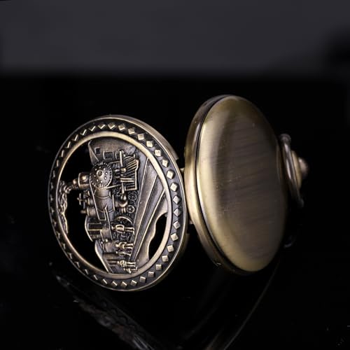 Image of SIBOSUN Antique Men Pocket Watch with Chain Oversized 50MM 1.96 Inch 3D Locomotive Steam Train Railroad Hollow + Box