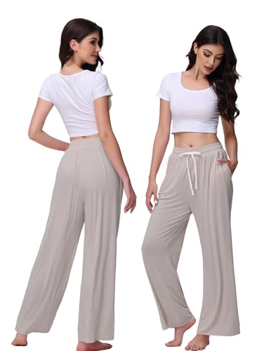 Image of Veseacky Women's Wide Leg Lounge Pants Yoga Pajamas Comfy Stretch Drawstring Pajamas Puls Size Dance Bottoms S-4XL