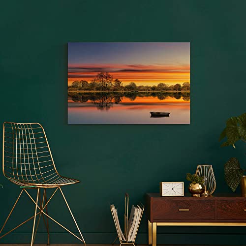Lake Sunset Canvas Wall Art: Contemporary Country Wilderness Scenery Picture Natural Calming Dusk View Prints Bright Water Skyline Painting Realism Sailing Boat Landscape Artwork For Bathroom #TOP3