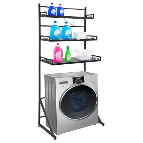 Estantería de metal para lavadora de 3 niveles con estantes reforzados, ahorra espacio para detergentes y accesorios, capacidad de carga máxima de 50 kg (negro)
