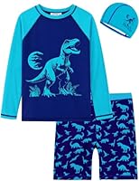 weVSwe Kinder UV-Schutz Bade-Set 3 Teiliges Schwimmshirt Badeshorts Badekappe Badebekleidung Jungen Blauer Dinosaurier 5 Jahre