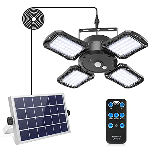 Solar Pendant Light with Remote Control，Solar Shed Light with 128LED 1000LM Solar Security Motion Sensor Lights for Outdoor Indoor Home Yard Barn Gazebo Patio Porch IP65 Waterproof