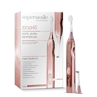 Supersmile Zina45TM Deluxe Sonic Pulse Toothbrush Rechargeable Electric Brush with Angled Head & Travel Case for Whiter Teeth and Healthier Gums, Rose Gold