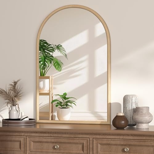 Image of 24 inchx36 inch Arch Wall Mirror for Wall, Wall Mounted Vanity Mirror for Bedroom, Wood Grain Finish Frame Mirror with Tempered Glass, Vintage Decorative for Bathroom, Entryway, Living Room, Natural