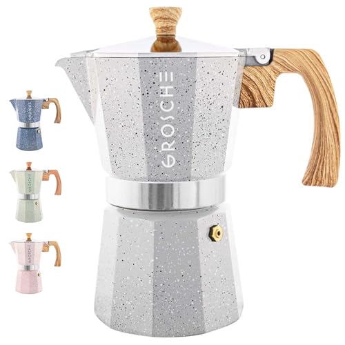 Image of GROSCHE Milano Moka pot, Stovetop Espresso maker, Greca Coffee Maker, Stovetop coffee maker and espresso maker percolator (Grey, 6 cup)