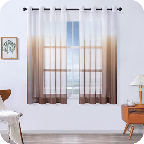 MRTREES 2 Pièce Rideau Voilage Blanc et Brun Dégradée 140x160cm à Oeillet Voilages Intérieurs de Salon Moderne Chambre Fille BéBé Semi Tamisant Léger Élégant Décoration Polyester Marron