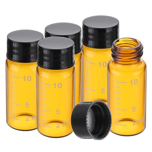 PATIKIL Small Glass Sample Bottles with Lids, 5 Pcs 10ml Amber Glass Vials with Black Screw Caps Mini Leak Proof Reagent Sealed Bottles with Scale for Solid Liquid Powder Storage