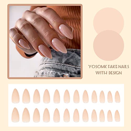 YOSOMK Nude Press on Nails Almond Shaped Fake Nails Medium Glossy Stick on Nail Natural Full Cover False Nail Acrylic Glue on Nails for Women