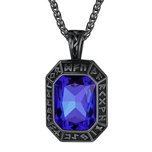 ChainsHouse Viking Rune Pendant Necklace for Men Women, Punk Biker Black Metal/316L Stainless Steel Onyx Norse Vintage Amulet Necklaces with Black/Red/Green/Blue Gemstone, Send Gift Box