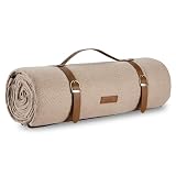 VonShef Picnic Blanket - Beige Herringbone Outdoor Rug with Waterproof Backing - 8 Person Weatherproof Picnic Mat with Faux Leather Handle - Travel Blanket Camping Accessories - 200x220cm