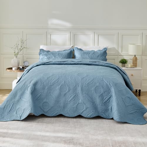 Image of Kingnex Oversized King Bedspreads 128x120 for Extra Wide Tall King or Cal King Bed Ultrasonic Quilted Coverlet Set 3 Piece Include 1 Quilt 2 Pillowcases Dusty Blue