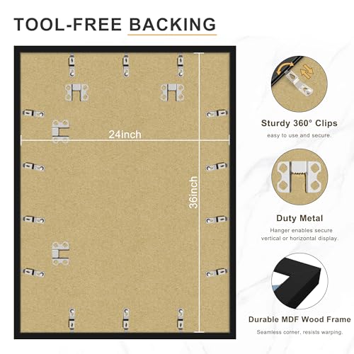 Picrit 24x36 Black Poster Frame 7 Pack, Display Pictures 20 x 30 with Mat or 24 x 36 without Mat for Horizontal or Vertical Wall Mounting, Wall Gallery Photo Frames