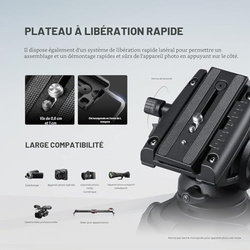 NEEWER GM76 Monopode professionnel pour appareil photo avec pieds, télescopique, portable, en aluminium, tête fluide, inclinable, pied amovible, pour appareil photo reflex numérique, charge maximale 6 – vue 8