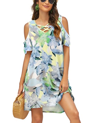 Image of Bluetime Women Cold Shoulder Summer Dress Short Sleeve Beach Casual Loose Swing Dress