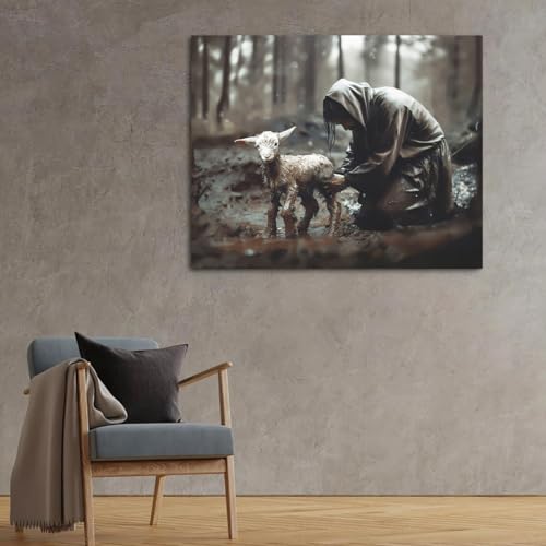 Image of GUN SUPPLIES OUTLET LLC Jesus and Lamb Canvas Wall Art Jesus Rescues Lost Lamb Picture Wall Art Canvas Print Christian Home Decor 12x16 inch