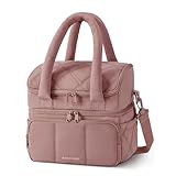 BAGSMART ランチバッグ レディース ダブルデッキ断熱ランチボックス キルトパファーランチトート 漏れ防止 耐久性 再利用可能 大型ランチクーラー 仕事 ピクニック 旅行 食事の準備に ダークピンク