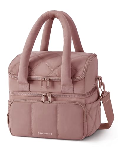 BAGSMART Lunch Bag Women, Double Deck Insulated Lunch Box, Quilted Puffer Lunch Tote, Leakproof, Durable & Reusable Large Lunch Cooler For Work Picnic Travel Meal Prep, Dark Pink