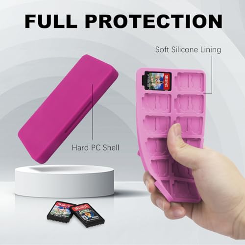 Image of FYY Nintendo Switch Game Case Holder for Switch 2 Cartridge Case with 24 Game Card Slots & 48 Micro SD Card Slots, Hard Shell, Silicone Lining Magenta Pink