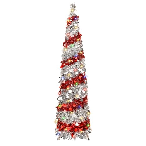 5FT Christmas Trees with 90 Lights, Collapsible Artificial Sequin Pop Up Christmas Tree, Tinsel Slim Pencil Christmas Tree for Home Holiday Fireplace Party Indoor Outdoor Xmas Decorations (Sliver&Red)