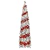 5FT Christmas Trees with 90 Lights, Collapsible Artificial Sequin Pop Up Christmas Tree, Tinsel Slim Pencil Christmas Tree for Home Holiday Fireplace Party Indoor Outdoor Xmas Decorations (Sliver&Red)