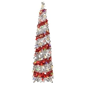 5FT Christmas Trees with 90 Lights, Collapsible Artificial Sequin Pop Up Christmas Tree, Tinsel Slim Pencil Christmas Tree for Home Holiday Fireplace Party Indoor Outdoor Xmas Decorations (Sliver&Red)