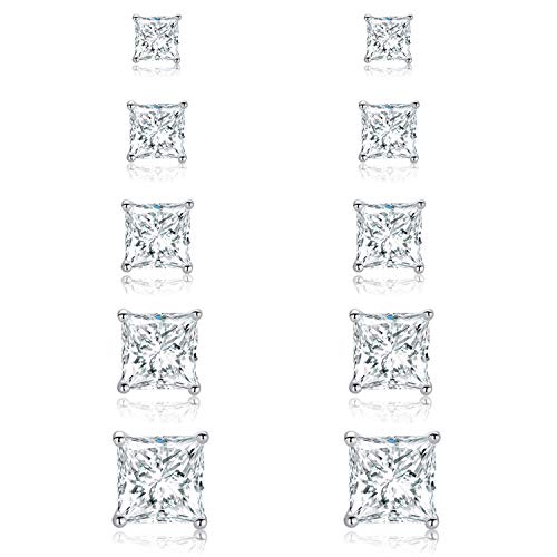 MDFUN 18K White Gold Plated Princess Cut Clear Cubic Zirconia Stud Earring Pack of 5 Pairs